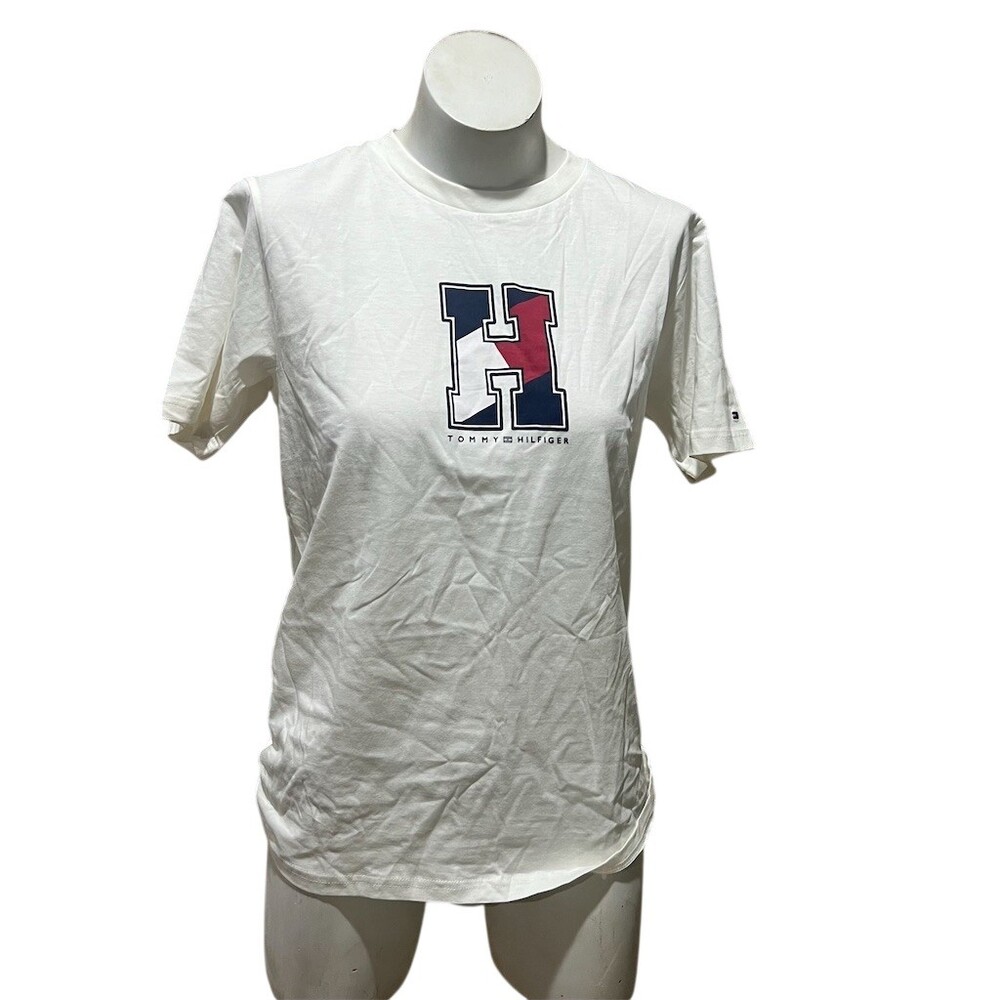 Tommy Hilfiger Boys T-Shirt Size L (14/16) White Logo Graphic Crew Neck